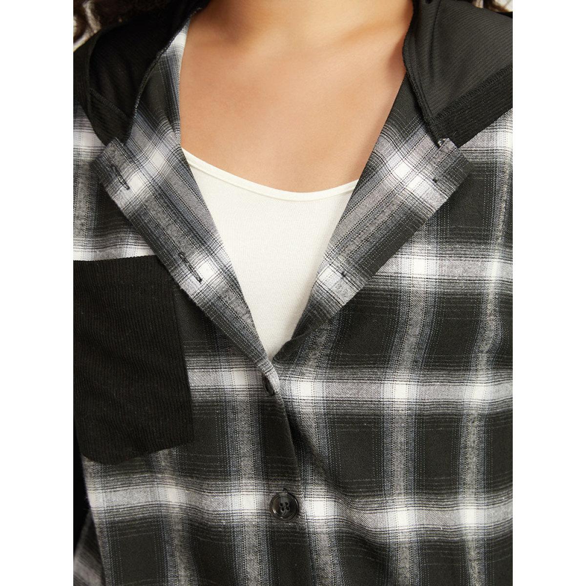 Plus Size Plaid Hooded Patched Pocket Button Up Patchwork Coat Women Black Contrast Pocket Dailywear Jackets BloomChic 18-20/2X Product Image