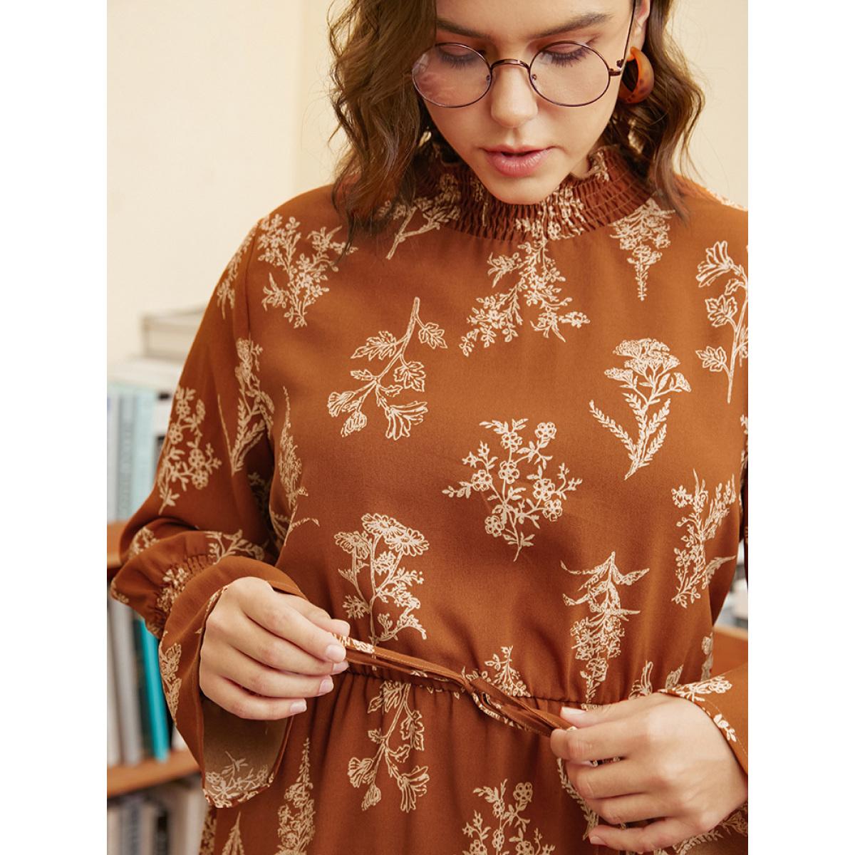 Plus Size Floral Pocket Lantern Sleeve Shirred Mock Neck Dress Chocolate Women Elegant Pocket Mock Neck Long Sleeve Curvy Midi Dress BloomChic 10/M Product Image