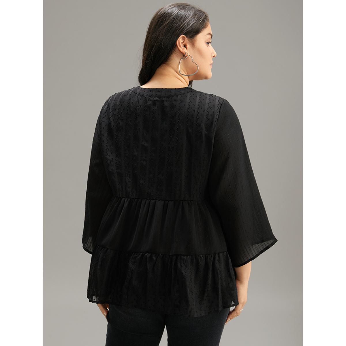 Plus Size Black Plain Textured V Neck Elastic Waist Ruffle Hem Blouse Women Elegant Elbow-length sleeve V-neck Dailywear Blouses BloomChic 10/M Product Image