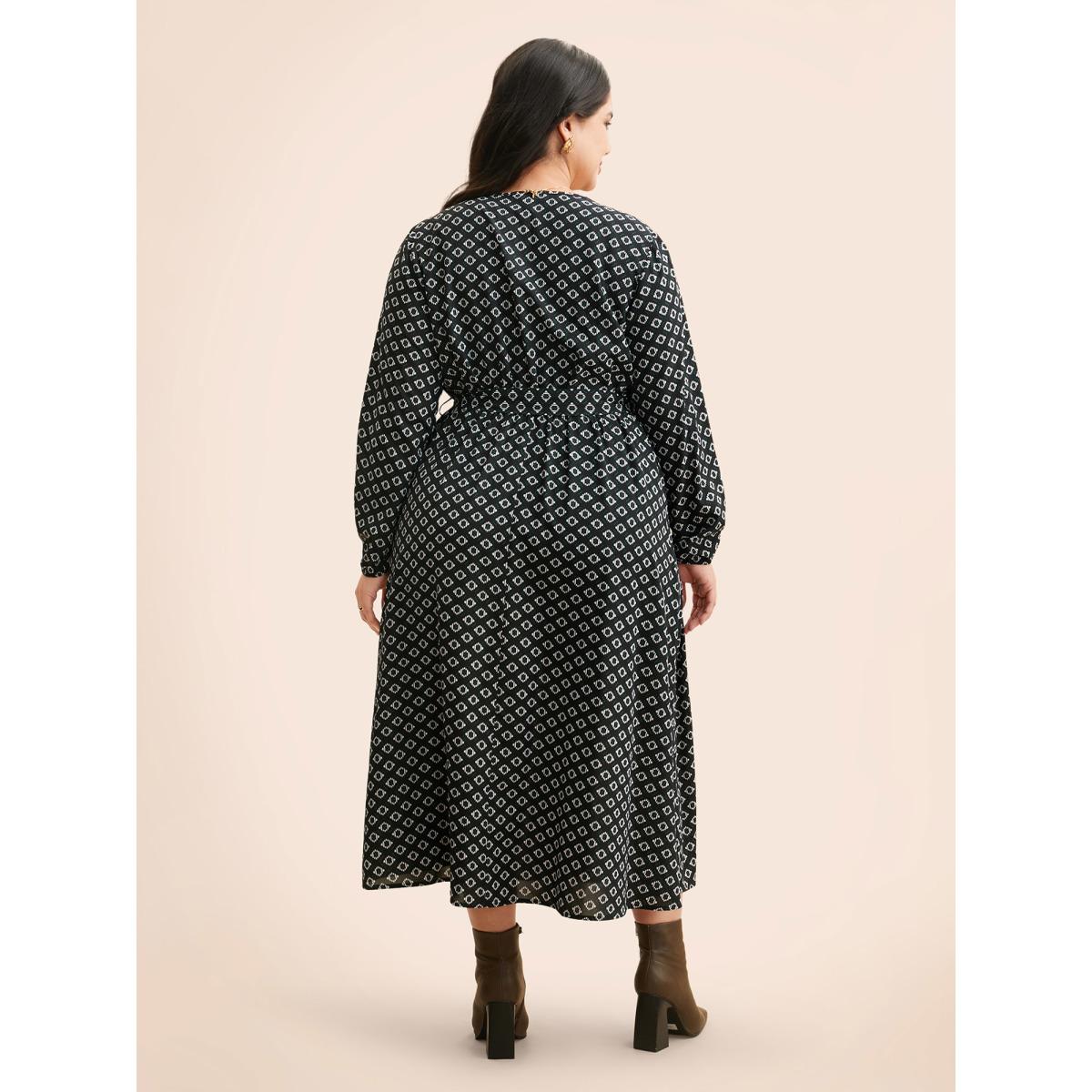 Plus Size Geometric Overlap Collar Belted Dress Black Women At the Office Belted Overlap Collar Long Sleeve Curvy BloomChic 10/M Product Image