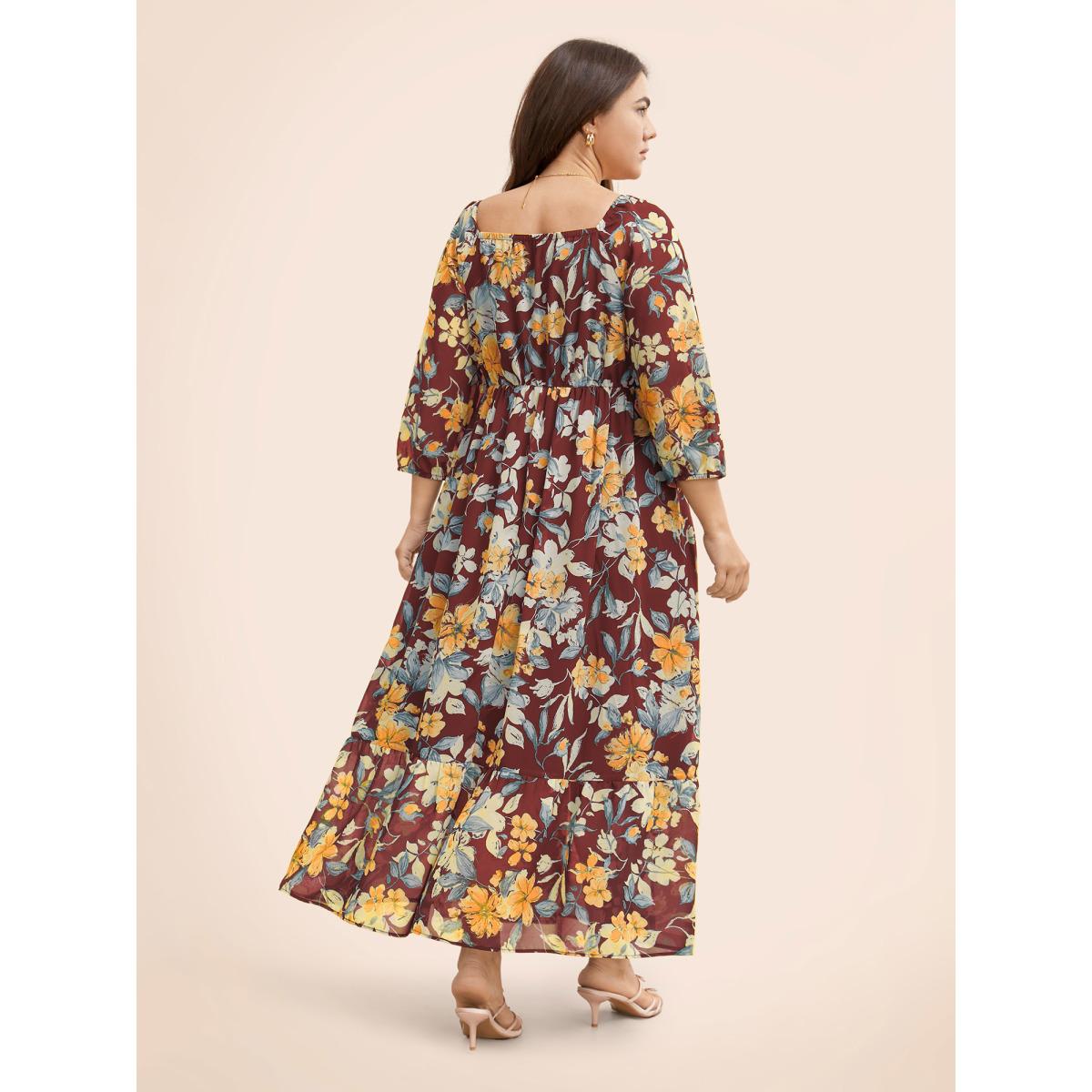 Plus Size Floral Heart Neckline Woven Ribbon Gathered Dress Burgundy Women Timeless Woven ribbon&lace trim Heart neckline Elbow-length sleeve Curvy BloomChic 26/4X Product Image