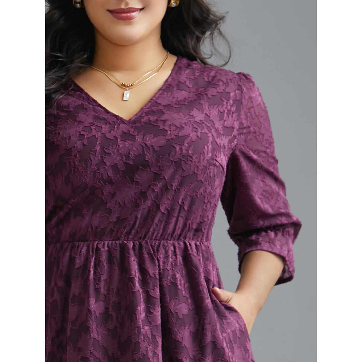 Plus Size V Neck Burn-out Fabric Midi Dress Deeppurplered Women Elegant Texture V-neck Elbow-length sleeve Curvy BloomChic 28/5X Product Image