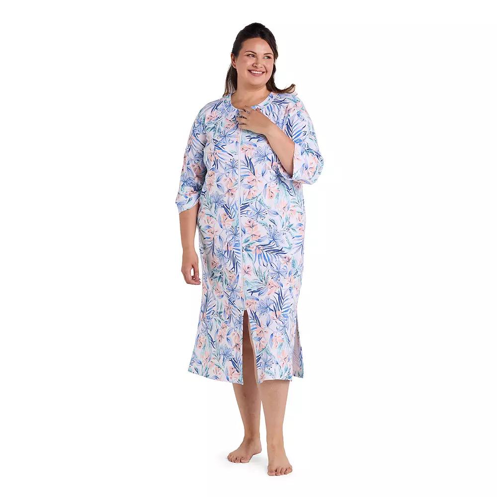 Plus Size Miss Elaine Essentials Interlock Knit Long Zip Robe, Women's, Size: 3XL, Tropical Floral Product Image