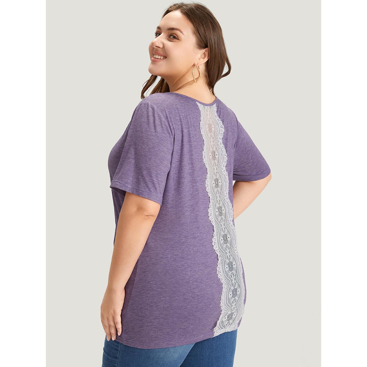 Plus Size Plain Contrast Lace Heather T-shirt Mauve Women Elegant Heather Plain Round Neck Dailywear T-shirts BloomChic 30/6X Product Image