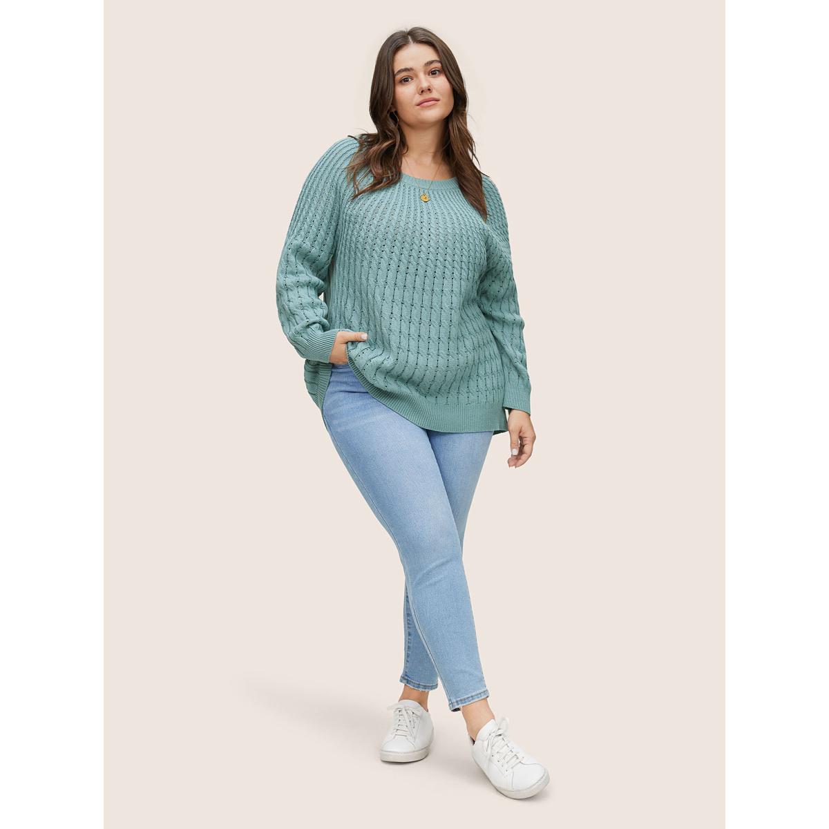 Plus Size Cotton Blended Cable Knit Raglan Sleeve Pullover Teal Women Casual Long Sleeve Round Neck Everyday Pullovers BloomChic 14-16/1X Product Image