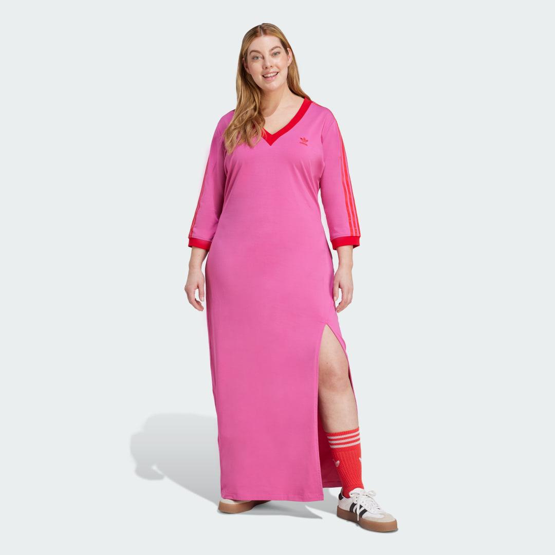 adidas Adicolor Classics 3-Stripes V-Neck Maxi Dress (Plus Size) Semi Lucid Fuchsia 3X Womens Product Image