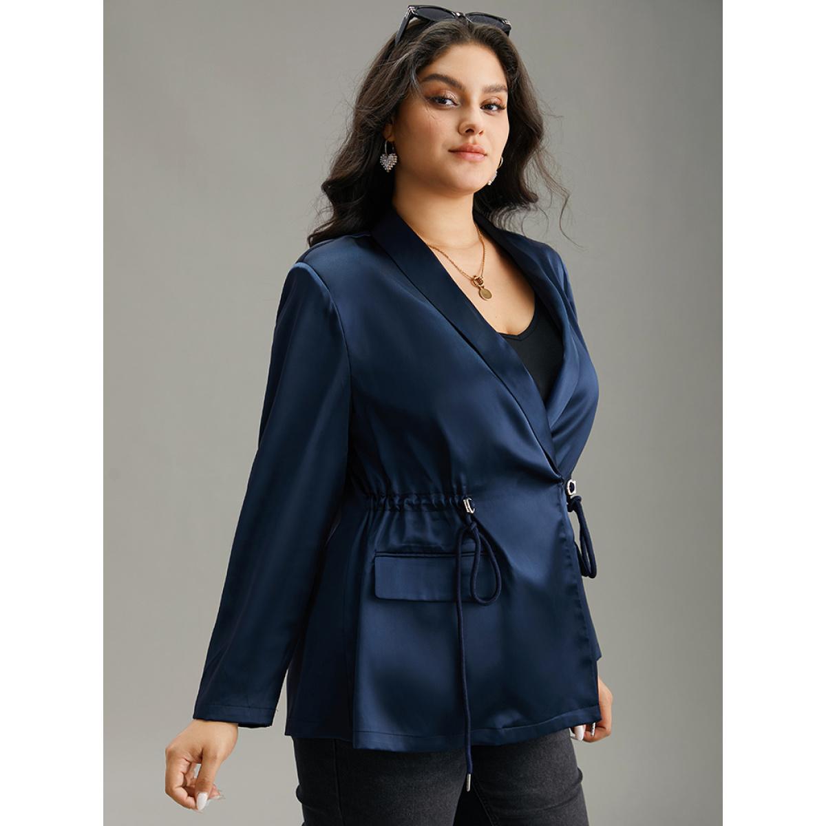 Plus Size Suit Collar Flap Pocket Drawstring Ties Blazer DarkBlue Women Office Plain Plain Sleeve Long Sleeve Suit Collar 22-24/3X Pocket Work From Home Blazers BloomChic Product Image