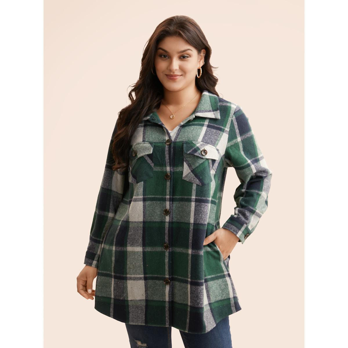 Plus Size Plaid Chest Pockets Long Jacket Women DarkGreen Button Loose Side seam pocket Casual Jackets BloomChic 14-16/1X Product Image