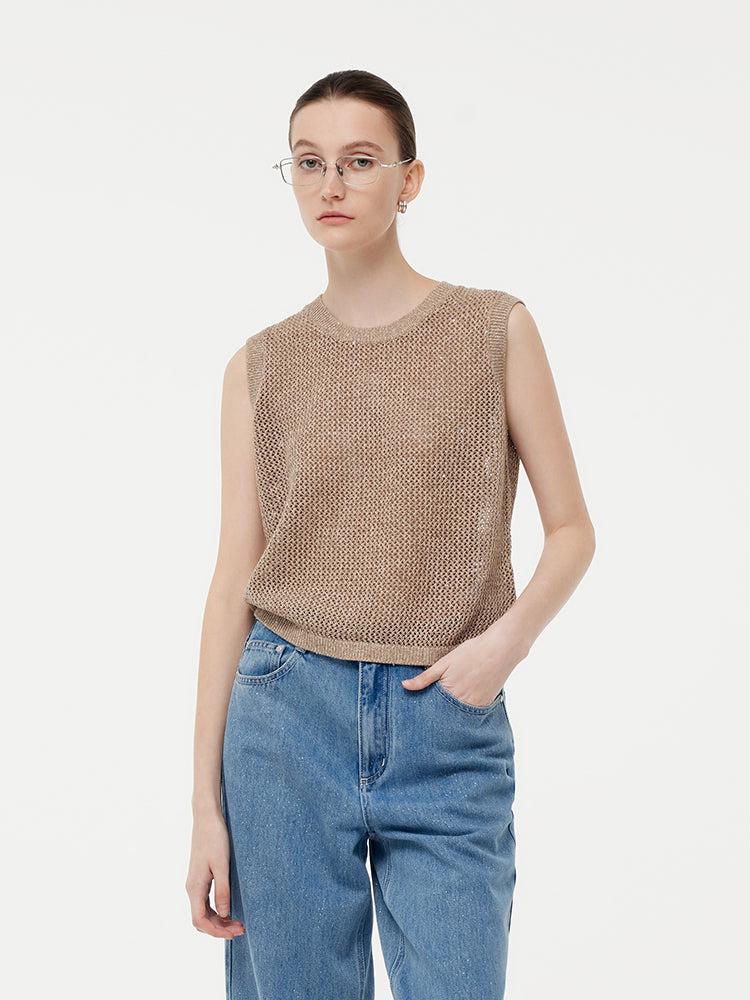 Linen Sequin-Embellished Women Open-Knit Tank Top Product Image