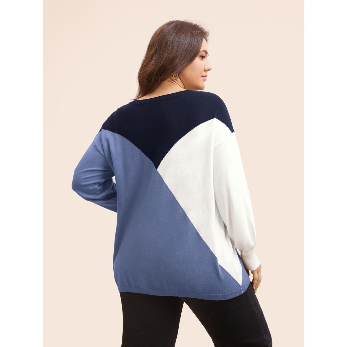 Plus Size Supersoft Essentials Colorblock Contrast Pullover Indigo Women Casual Long Sleeve Round Neck Everyday Pullovers BloomChic 28/5X Product Image