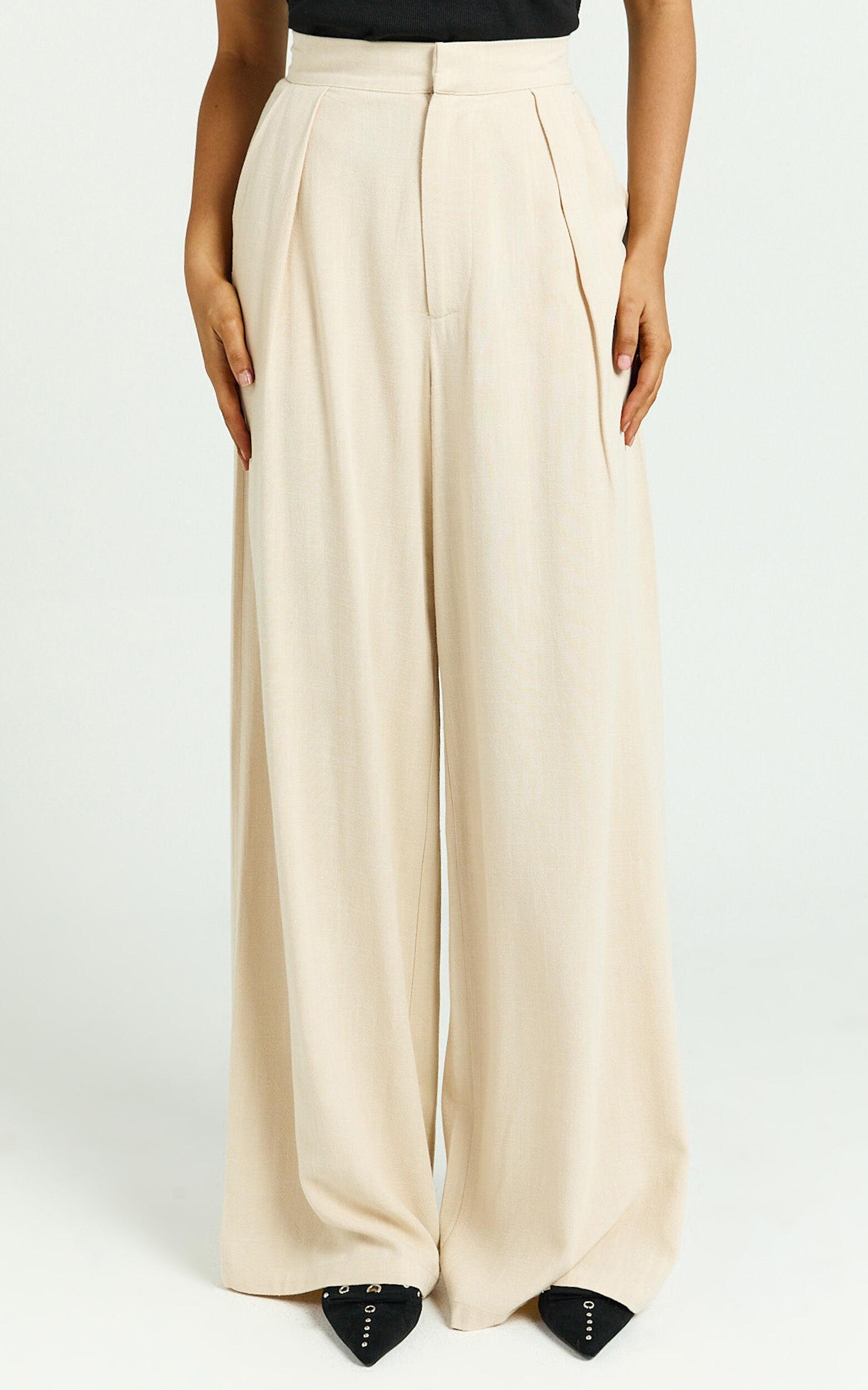 Hermione Linen Blend Pants - High Waist Wide Leg Pleated Palazzo Pants in Natural Product Image