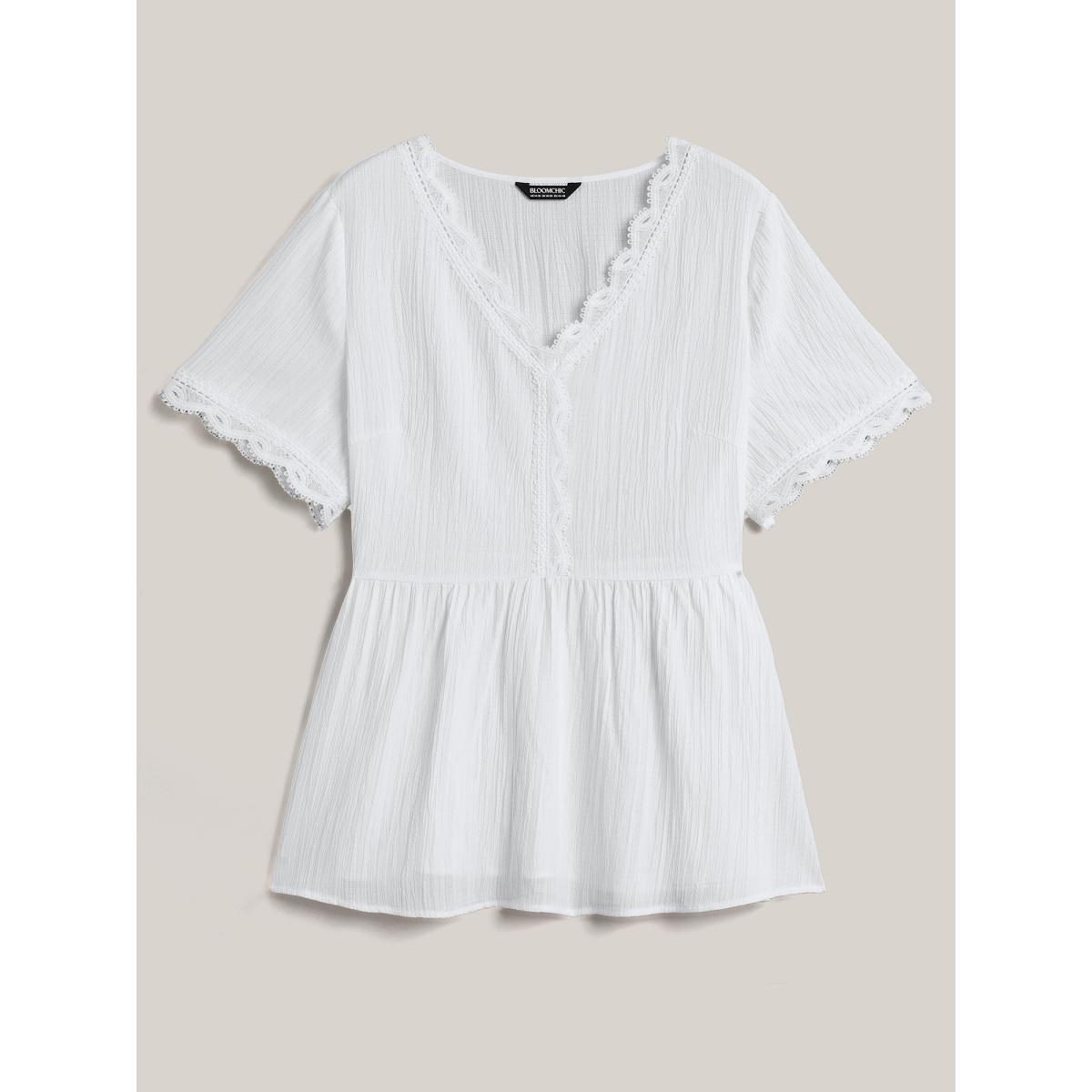 Plus Size Beige Scalloped Lace Textured Sheer Flared Shirt Women Leisure Short sleeve V-neck Casual Blouses BloomChic 28/5X Product Image