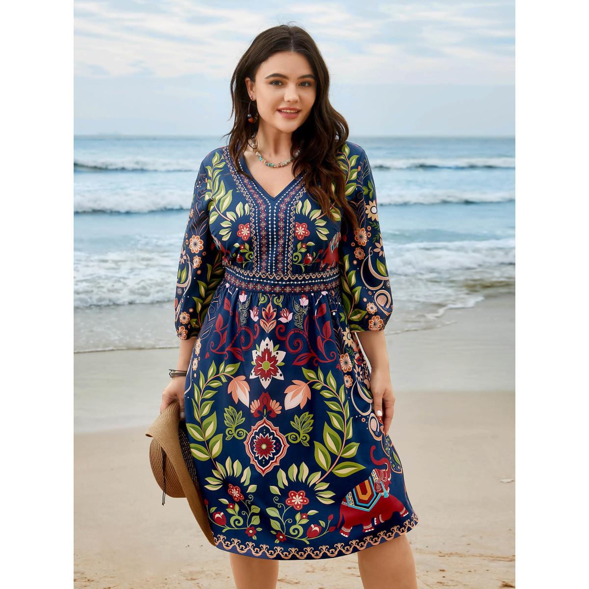 Plus Size Boho Print V-Neck Pockets Midi Dress DarkBlue Women Boho Non V-neck Elbow-length sleeve Curvy BloomChic 26/4X Product Image