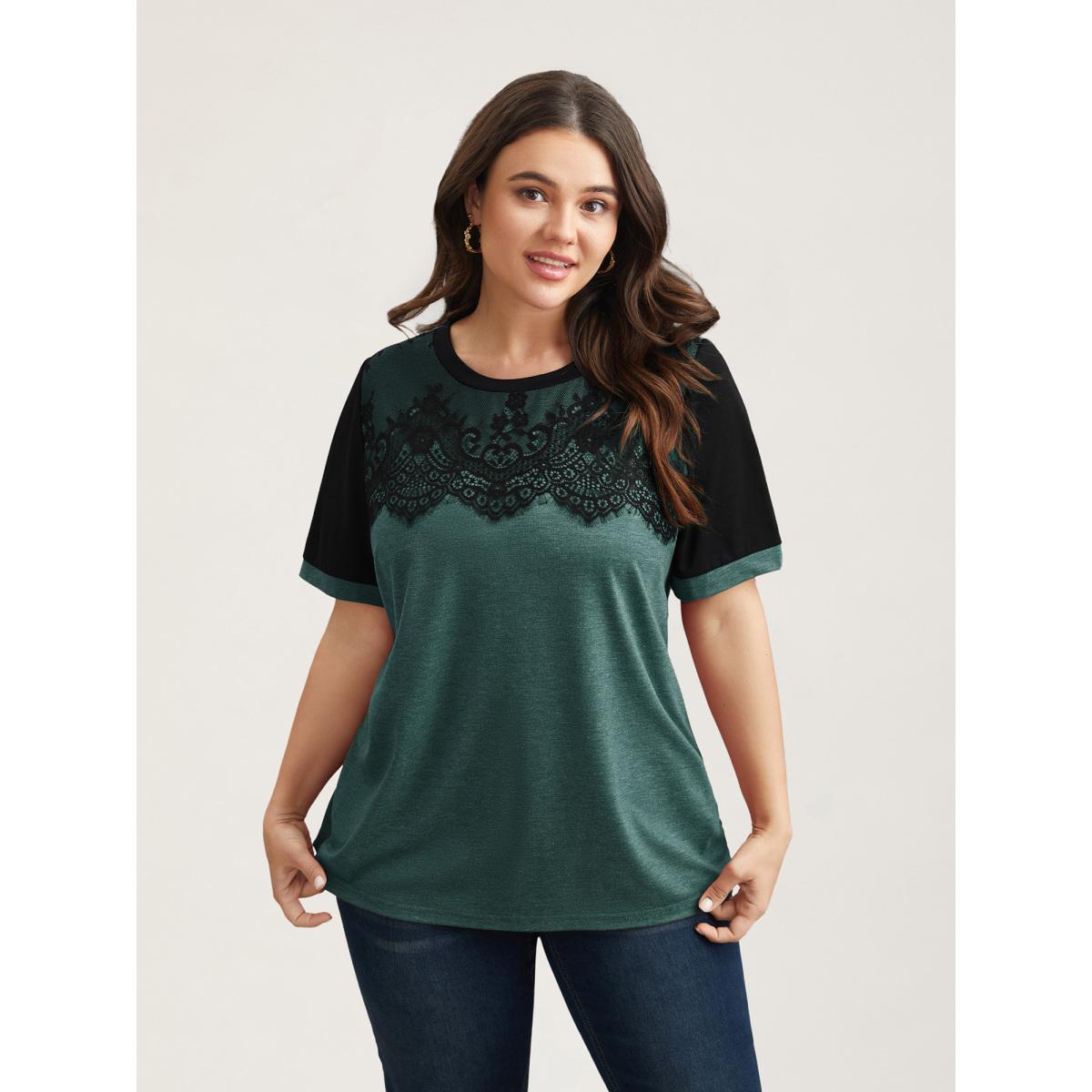 Plus Size Stretchy Scalloped Lace Color Contrast T-Shirt DarkSlateGray Women Timeless Contrast Round Neck Elegant T-shirts BloomChic 12/L Product Image