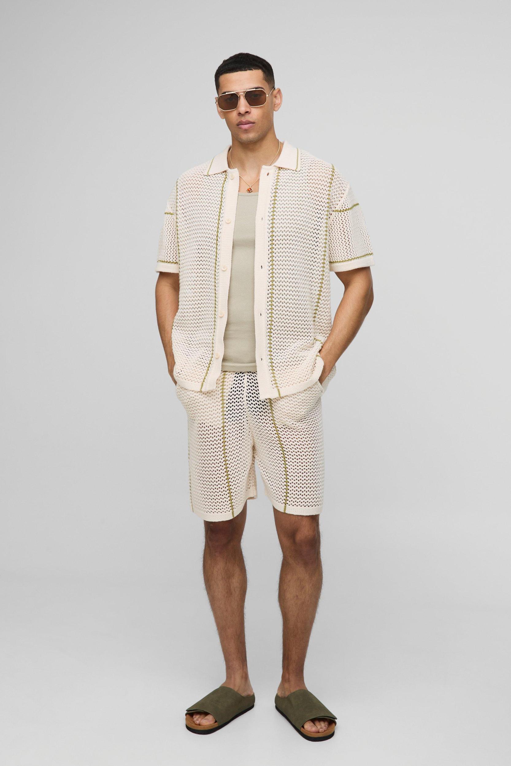 Regular Fit Open Stitch Stripe Button Through Knitted Shirt Set | boohooMAN USA Product Image