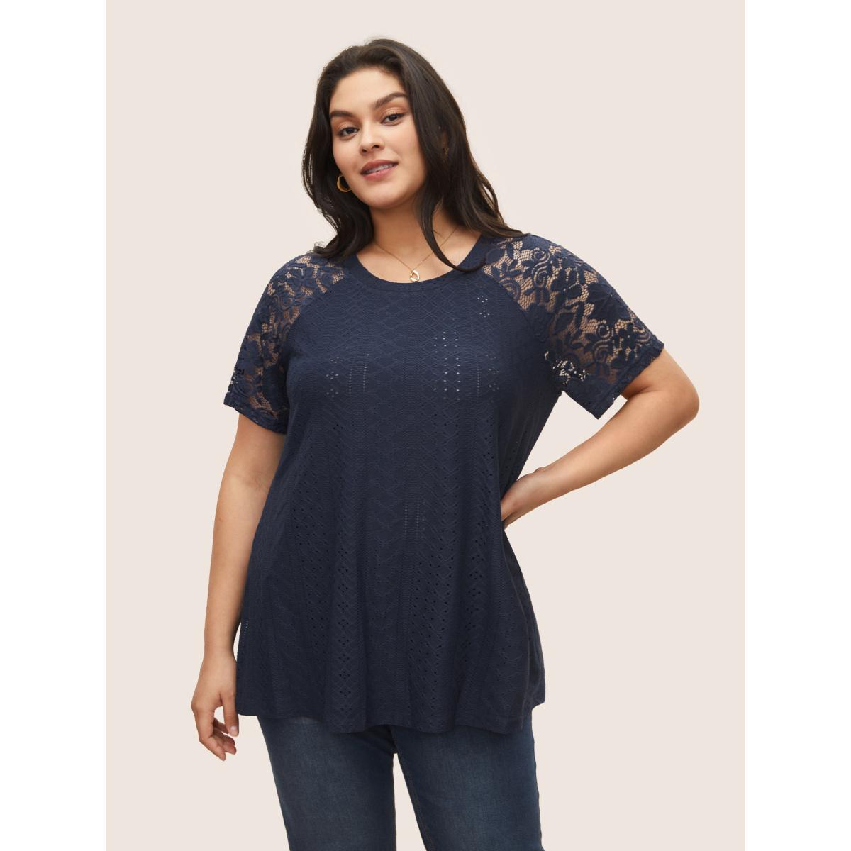Plus Size Solid Broderie Anglaise Lace Raglan Sleeve T-shirt Midnight Women Elegant See through Plain Round Neck Everyday T-shirts BloomChic 18-20/2X Product Image