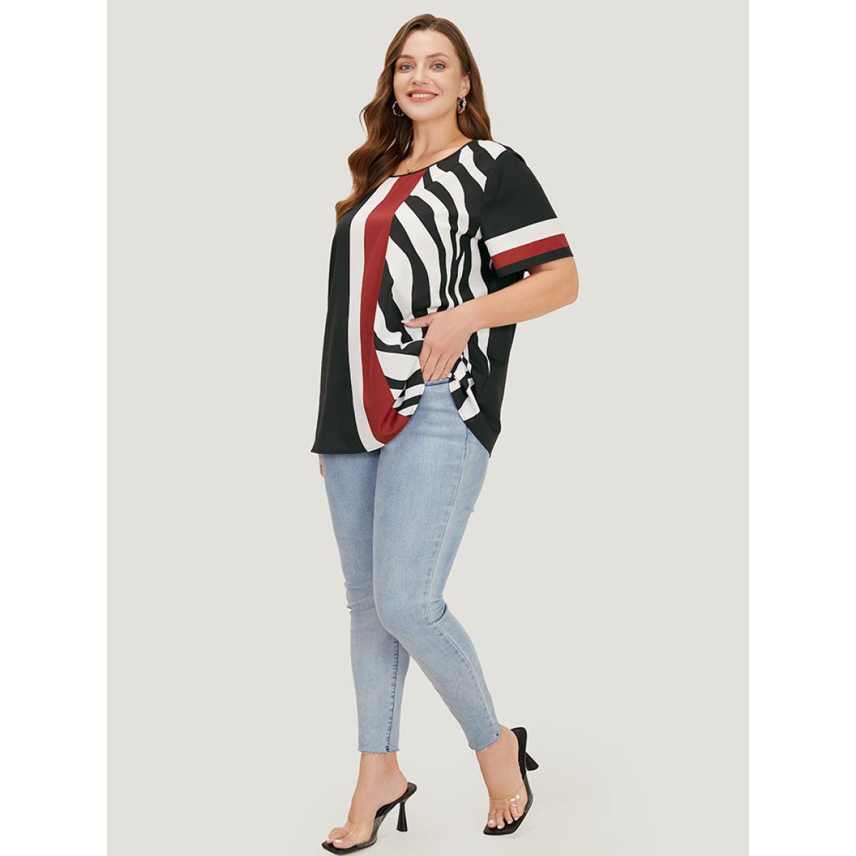 Plus Size Multicolor Striped & Geometric Print Crew Neck Blouse Women Elegant Short sleeve Round Neck Dailywear Blouses BloomChic 22-24/3X Product Image
