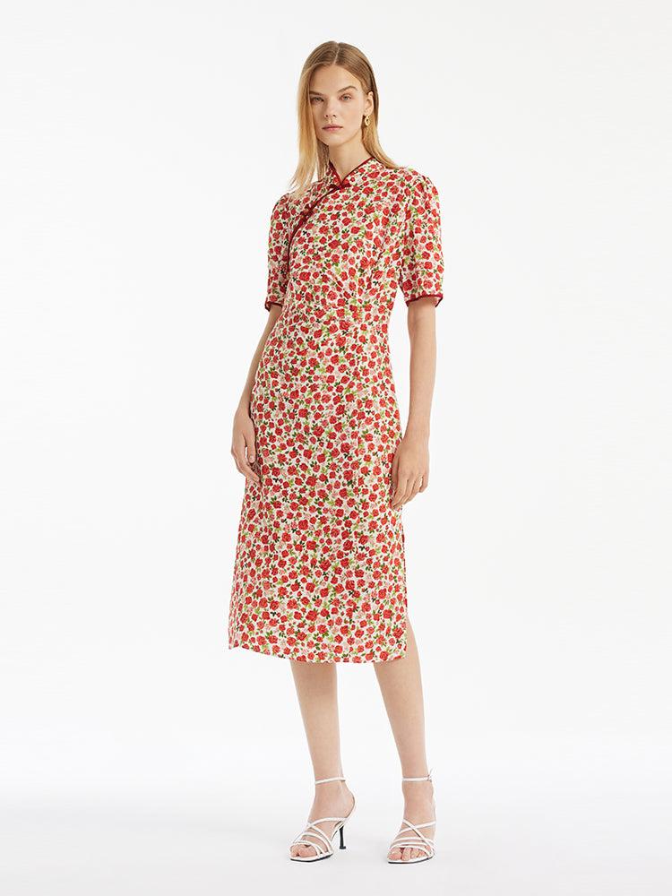 Red Rose Print Cheongsam Women Qipao Midi Dress Product Image
