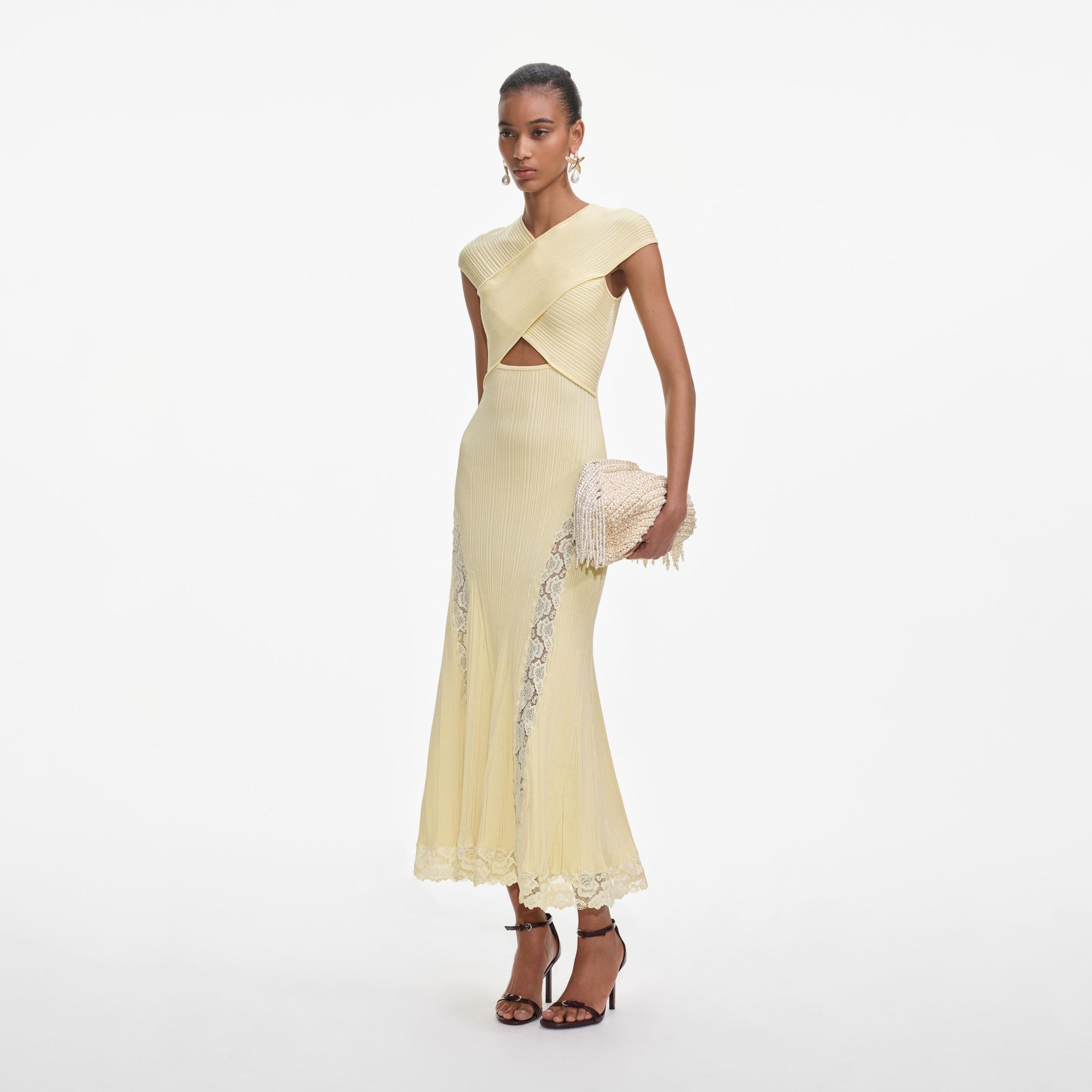 Yellow Knit Lace Insert Midi Dress Product Image