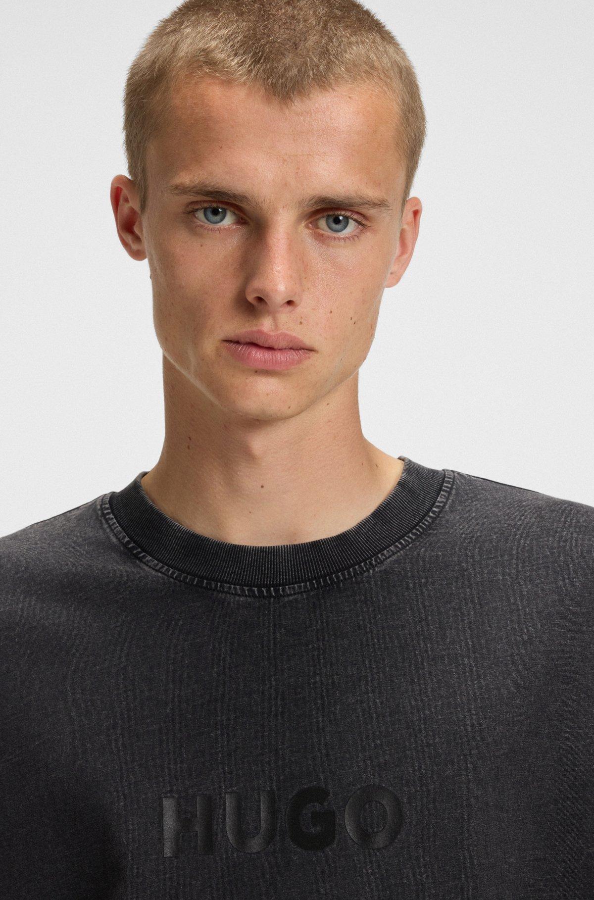 HUGO - Cotton T-shirt with tonal logo print - Black Product Image