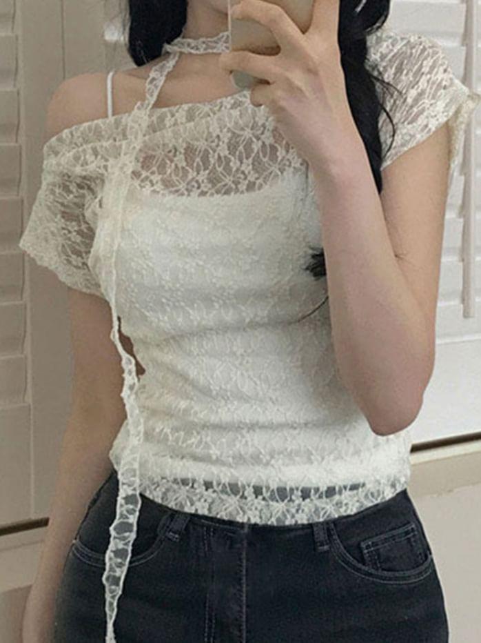 Set: Short-Sleeve Off-Shoulder Lace Top + Thin Scarf Product Image