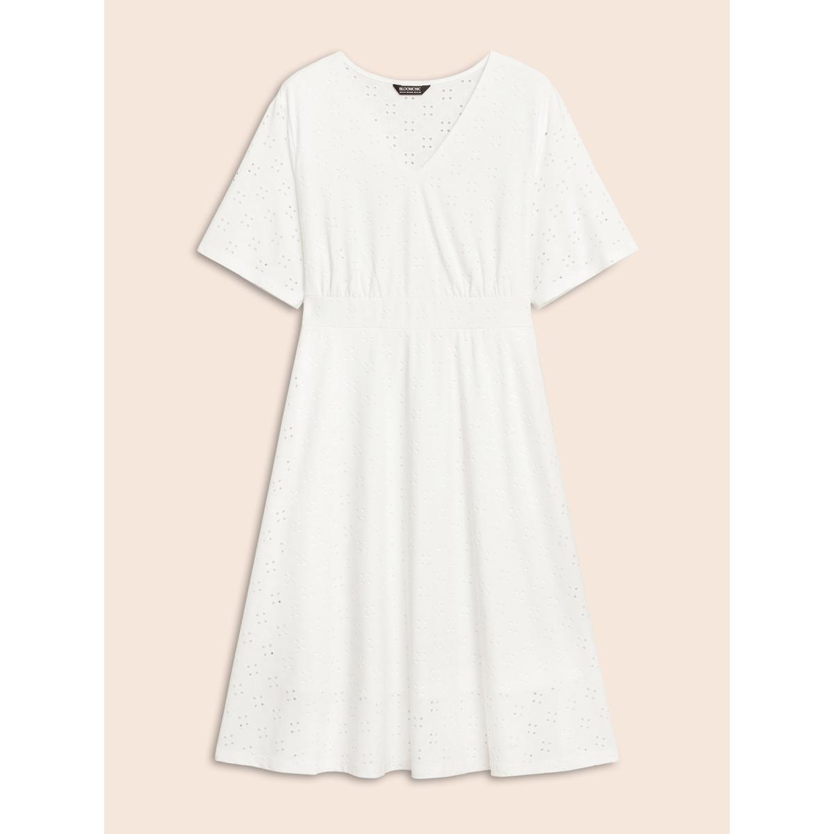 Plus Size Solid Pocket Laser Cut Surplice Neck Knee Dress Ivory Women Elegant Pocket V-neck Short sleeve Curvy Knee Dress BloomChic 28/5X Product Image