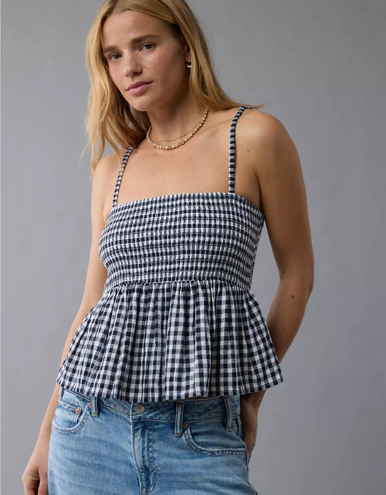 AE Smocked Gingham Babydoll Cami Product Image