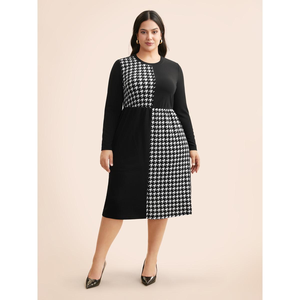 Plus Size Houndstooth Patchwork Elastic Waist Dress Black Women At the Office Patchwork Round Neck Long Sleeve Curvy BloomChic 22-24/3X Product Image