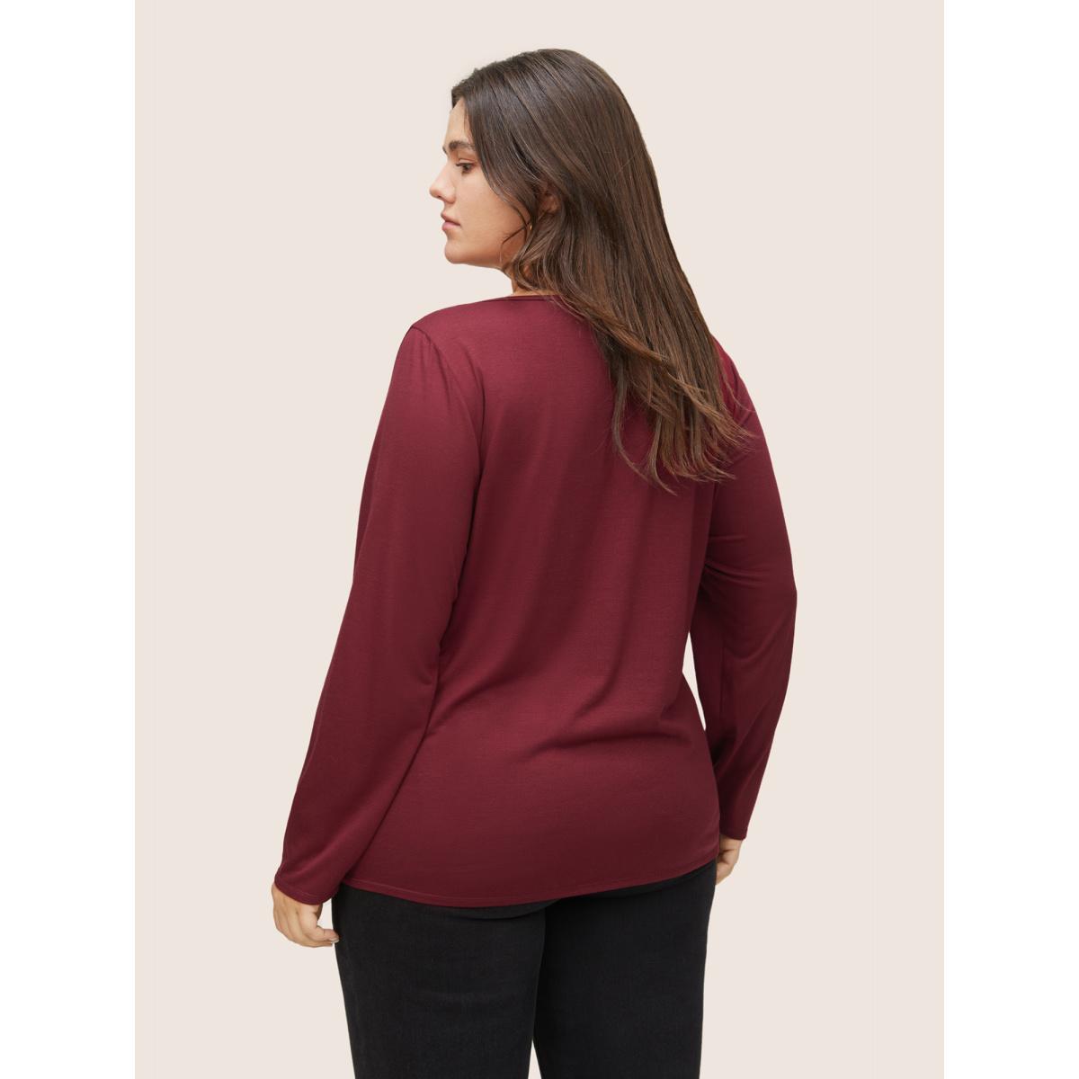 Plus Size Plain Crew Neck Ties T-shirt Burgundy Women Casual Non Plain Round Neck Everyday T-shirts BloomChic 10/M Product Image