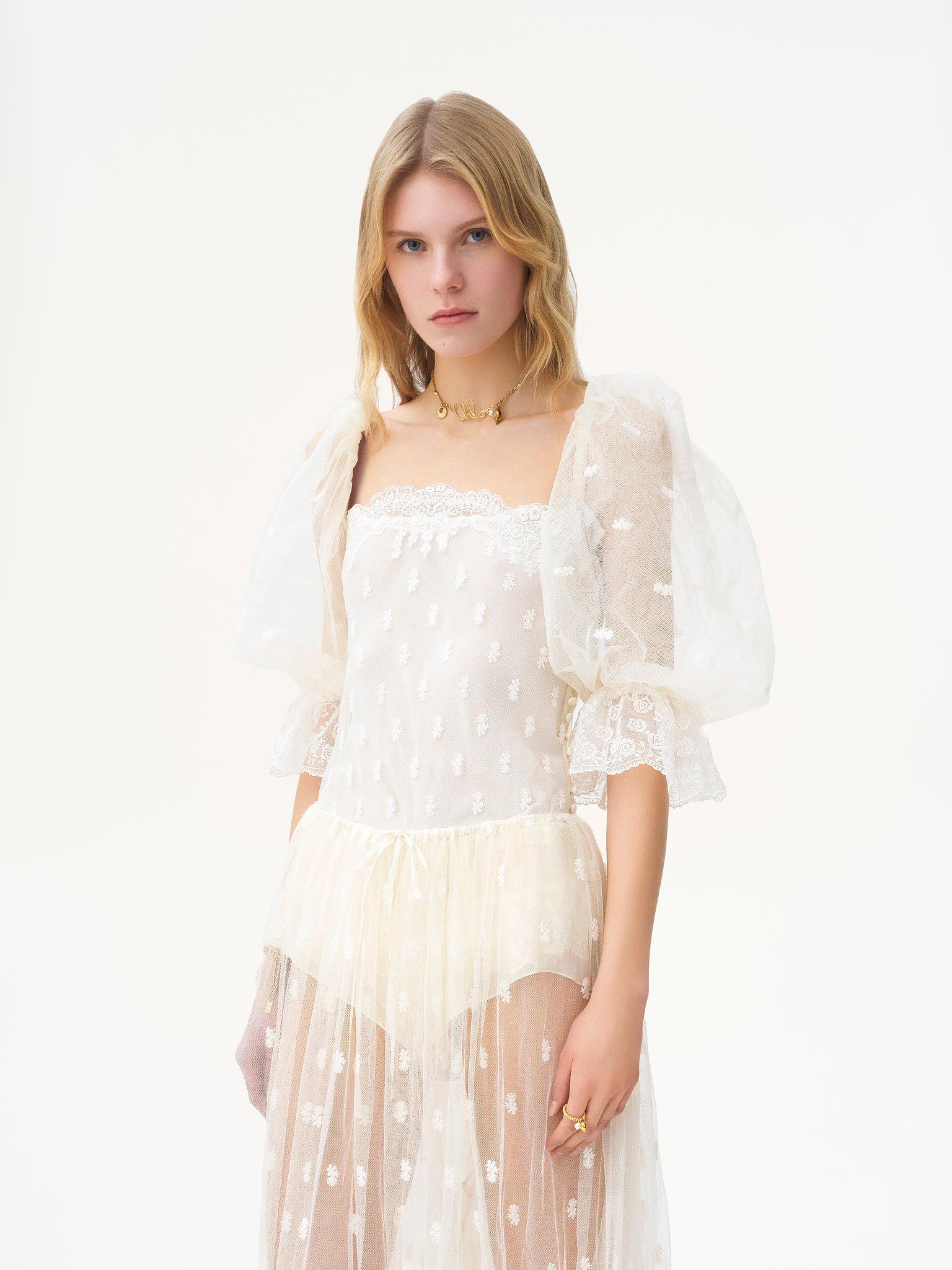 Square-neck top in embroidered lace Product Image