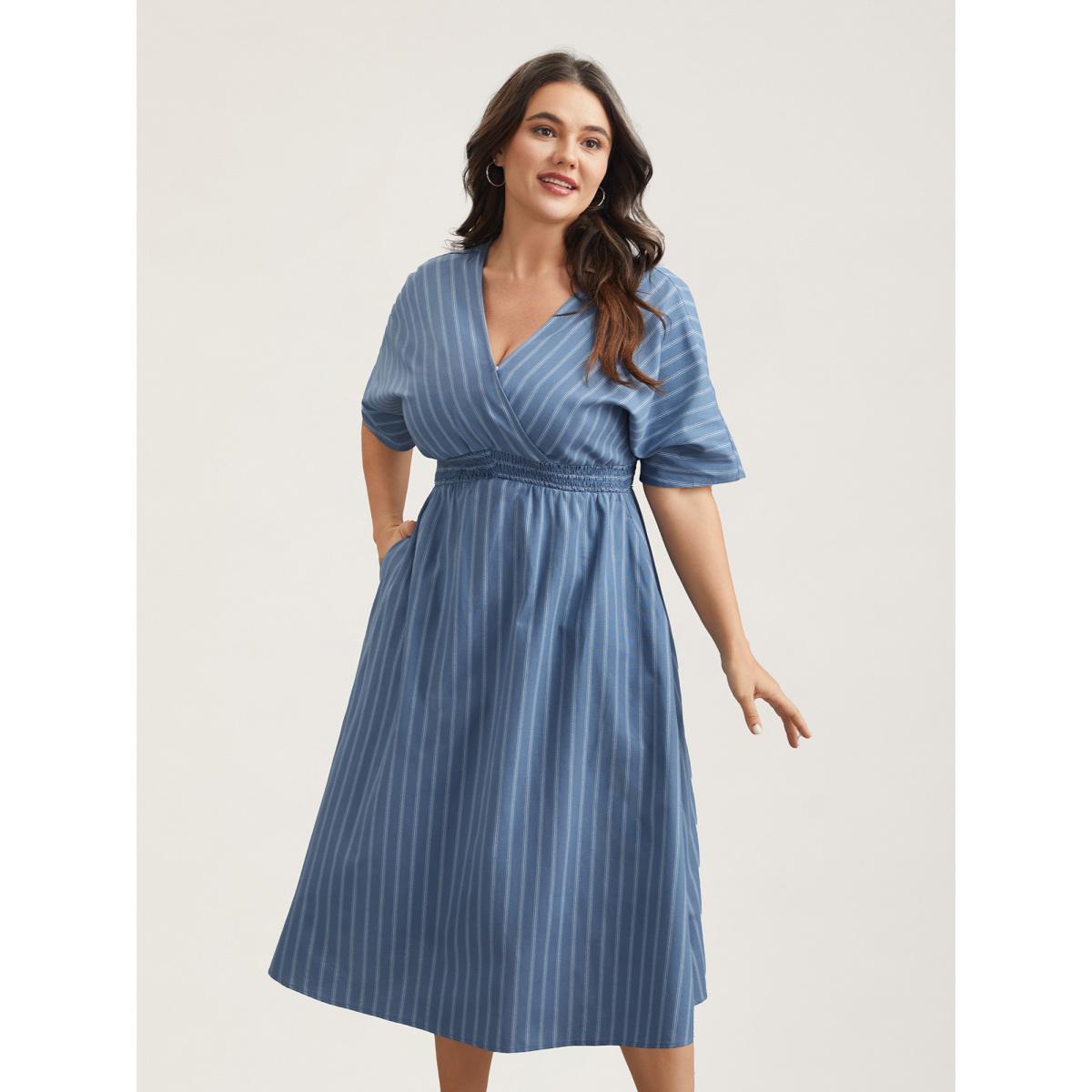 Plus Size Striped Surplice Neckline Shirred Midi Dress Stone Women Casual Shirred Overlap Collar Short sleeve Curvy BloomChic 28/5X Product Image