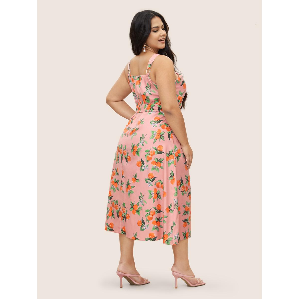 Plus Size Citrus Orange Print Halter Neck Tie Knot Dress Pink Women Elegant Tie knot Halter neck Sleeveless Curvy Midi Dress BloomChic 18-20/2X Product Image