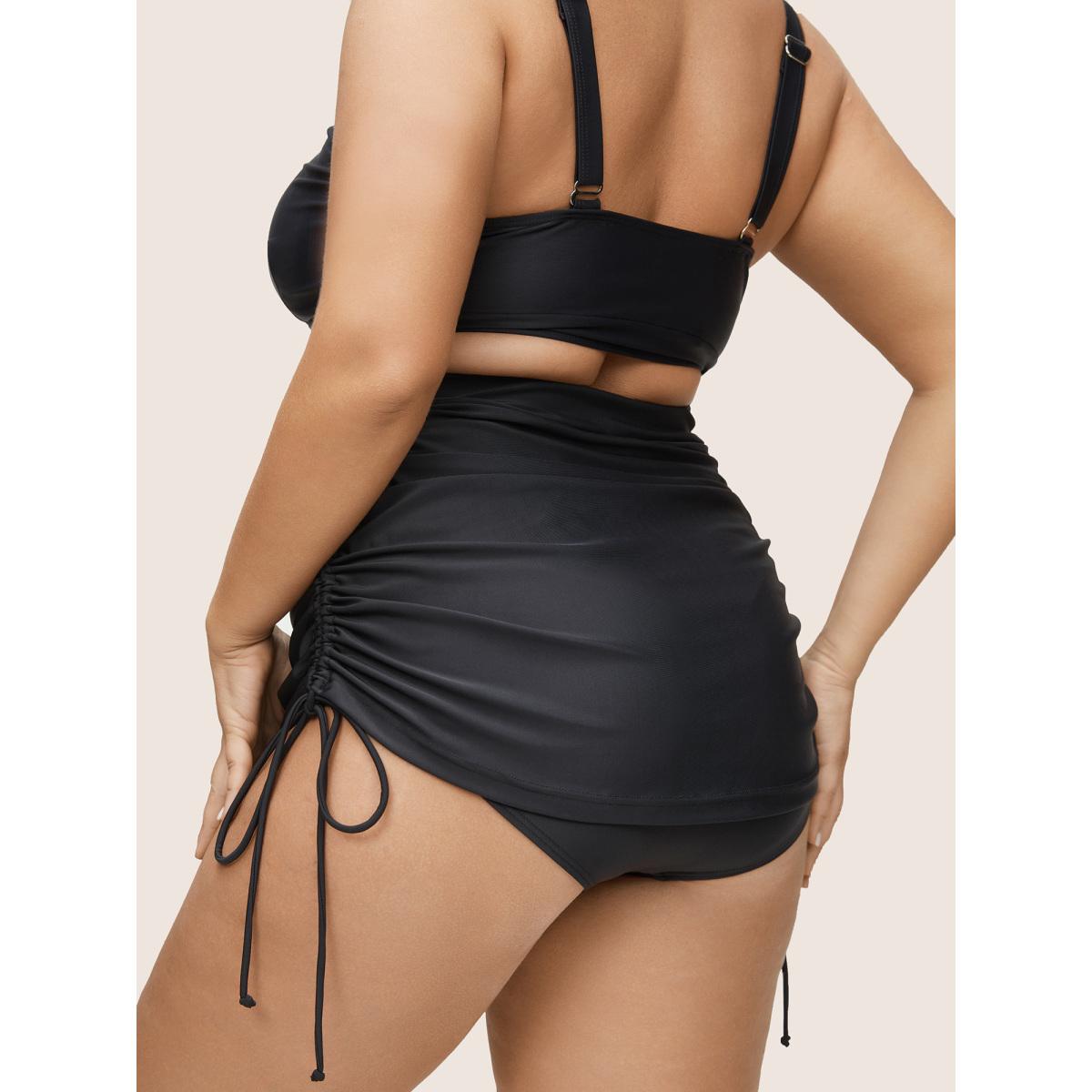 Plus Size Plain Ruched Drawstring Elastic Waist Swim Bottom Women's Swimwear Black Beach Non High stretch Skinny High Rise Curve Swim Bottoms BloomChic 30/6X Product Image