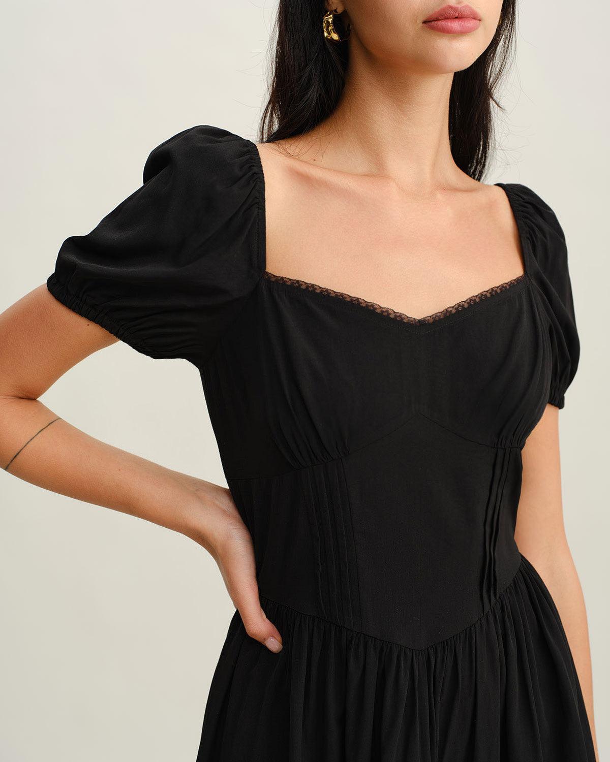 Black Sweetheart Neck Puffed Sleeve Mini Dress Product Image