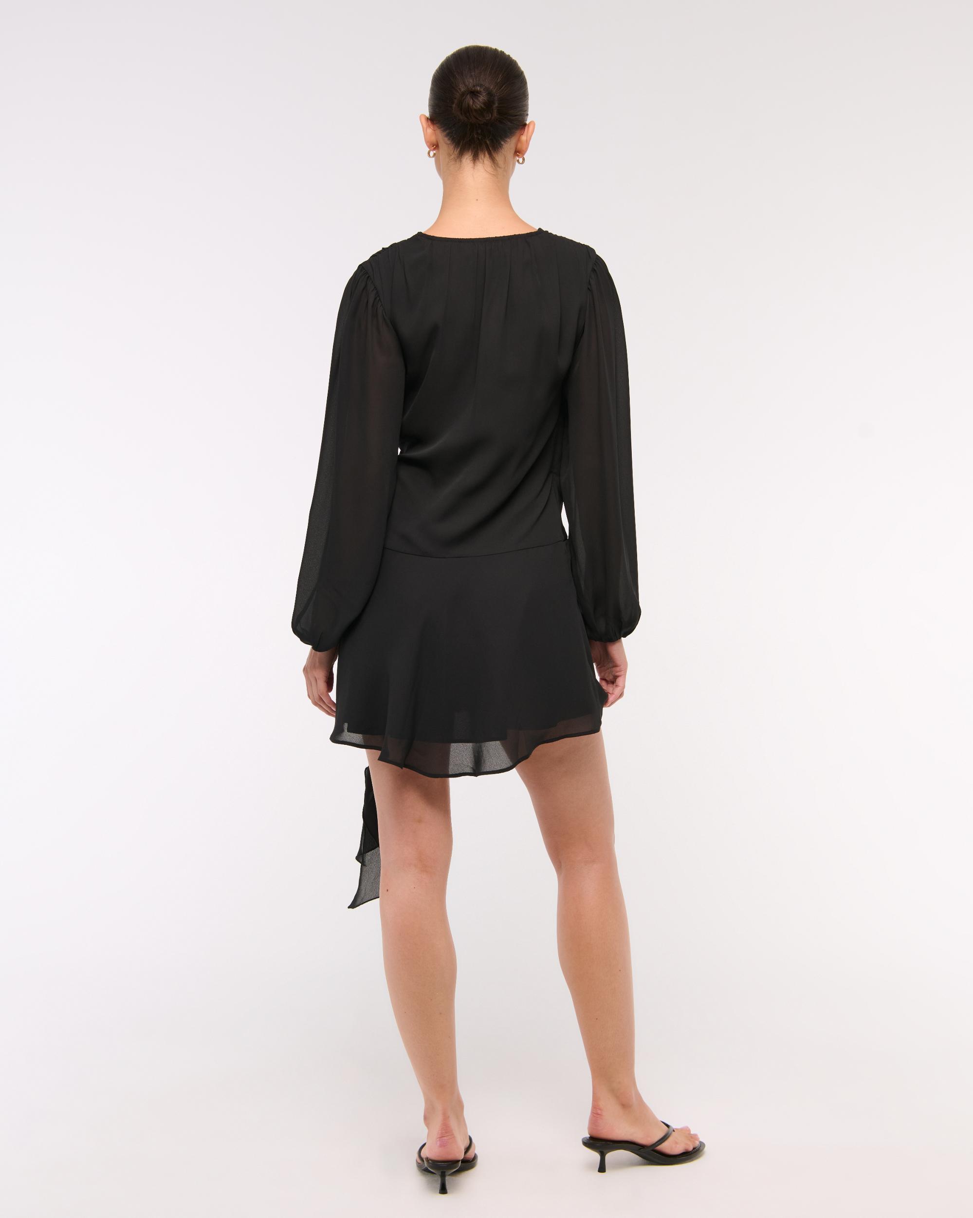 Long-Sleeve Draped Wrap Mini Dress Product Image
