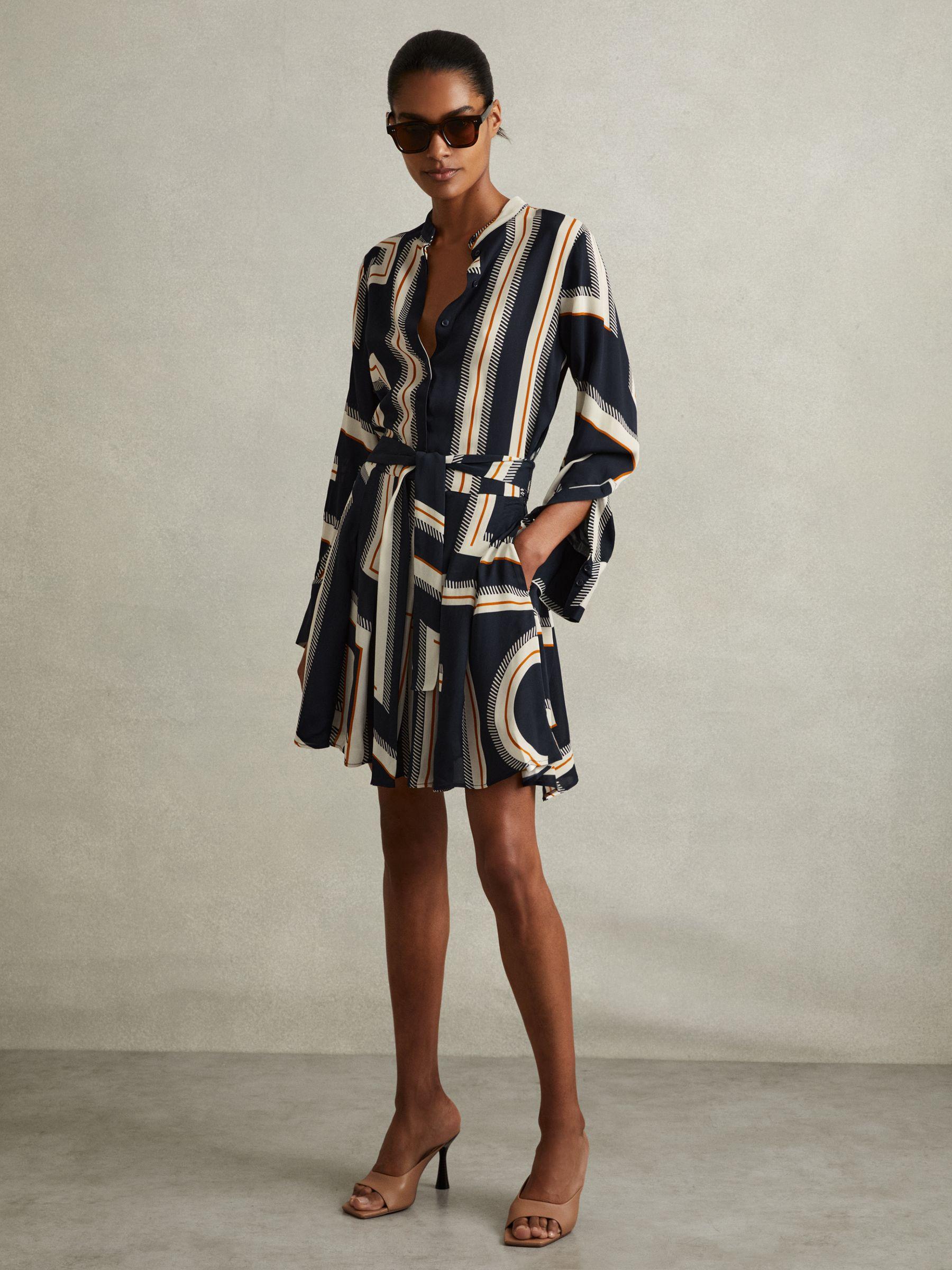 Ciara Navy Geometric Print Belted Mini Dress Product Image