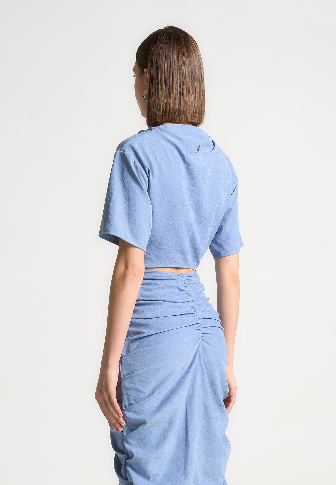 Cowl Neck Drape T-Shirt - Blue Female Product Image