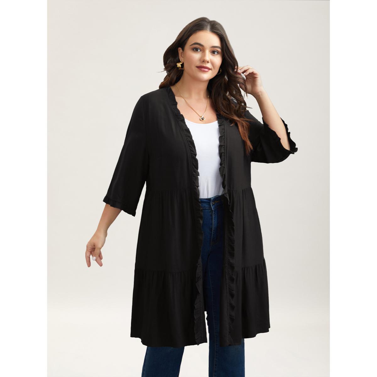 Plus Size Ruffled Open-Front Tiered Kimono Women Black Elegant Gathered Everyday Kimonos BloomChic 22-24/3X Product Image