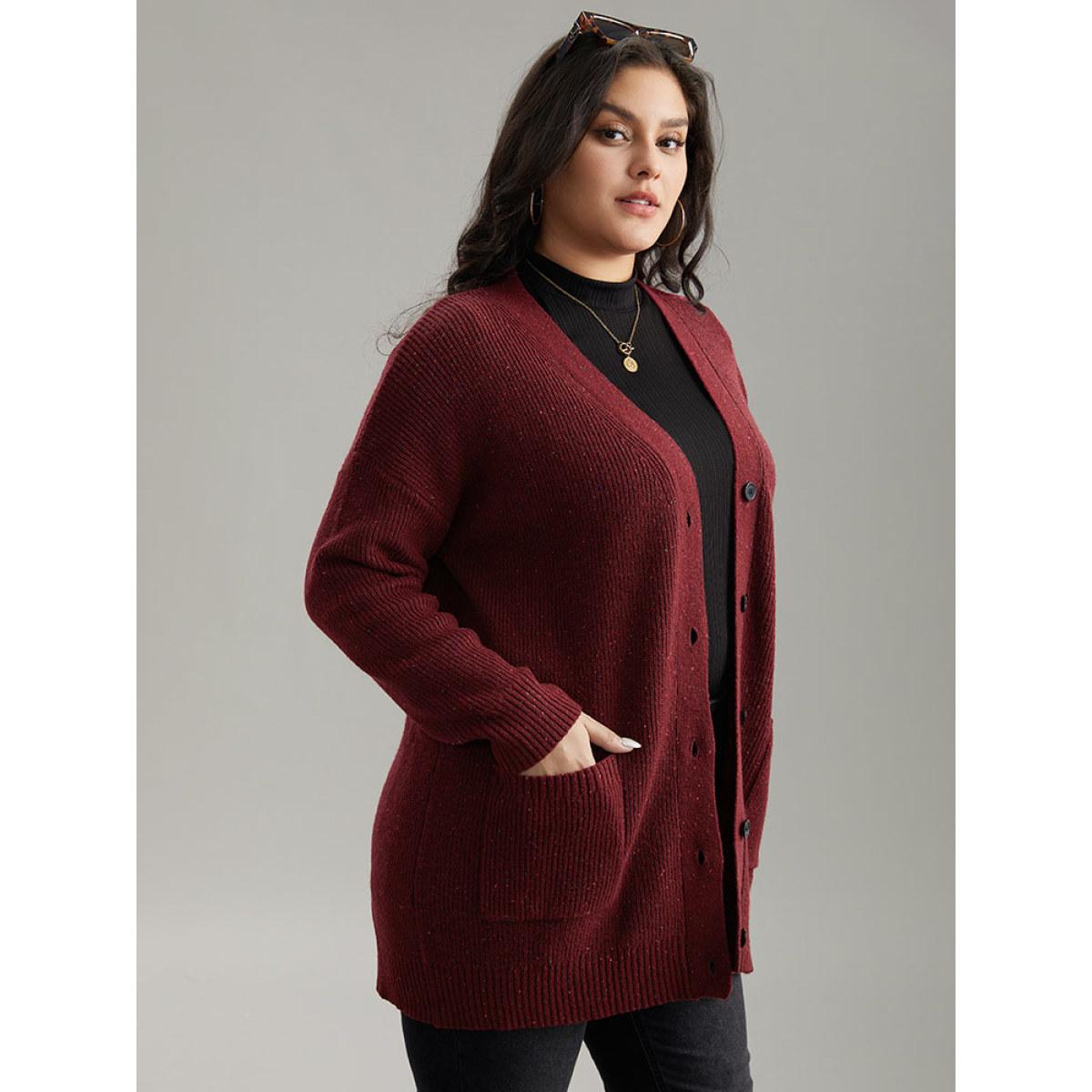 Plus Size Plisse Plain Button Fly Patched Pocket Cardigan Scarlet Women Casual Loose Long Sleeve Everyday Cardigans BloomChic 26/4X Product Image