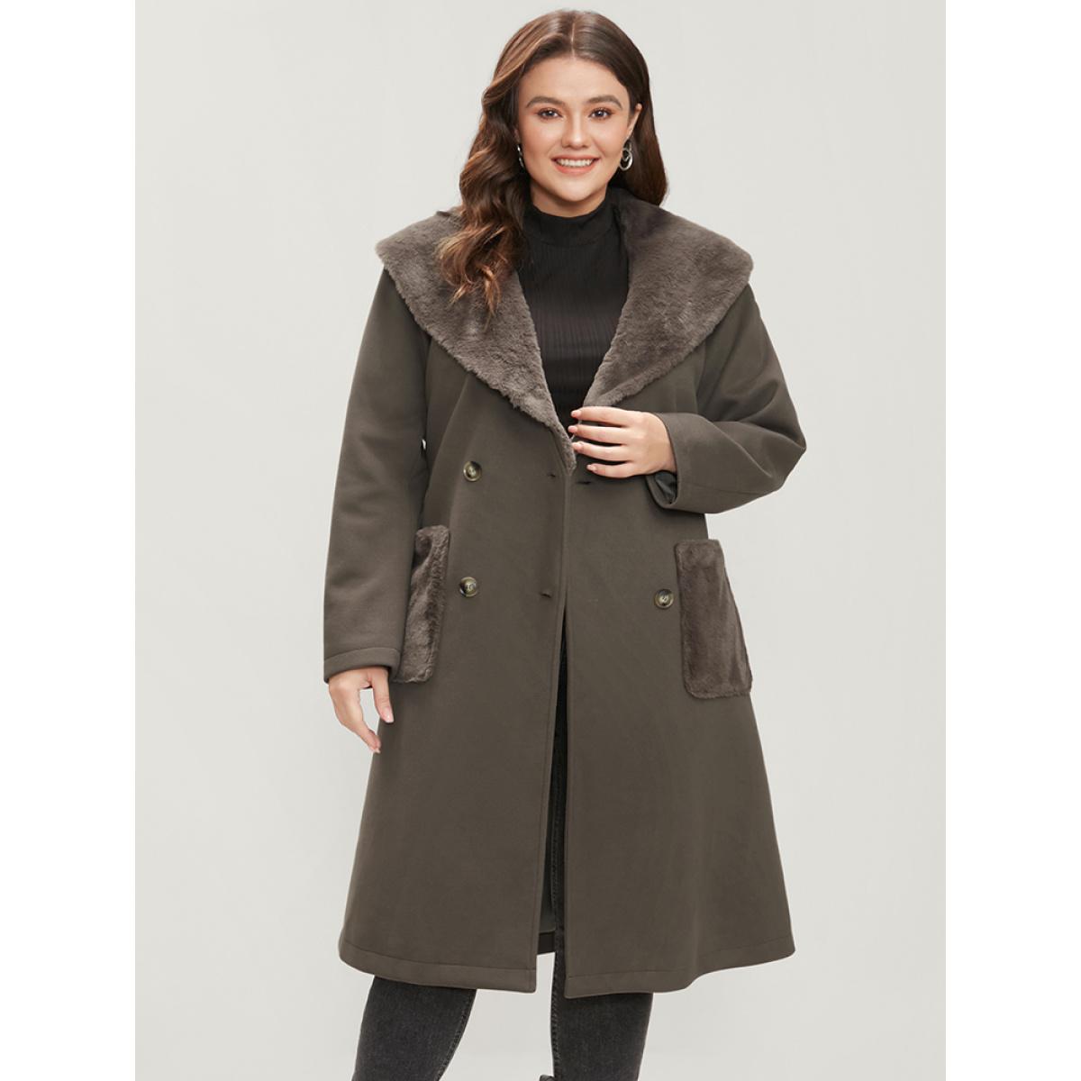 Plus Size Solid Double Breasted Pocket Lapel Collar Fuzzy Trim Belted Coat Women ArmyGreen Elegant Patchwork Ladies Dailywear Winter Coats BloomChic 18-20/2X Product Image