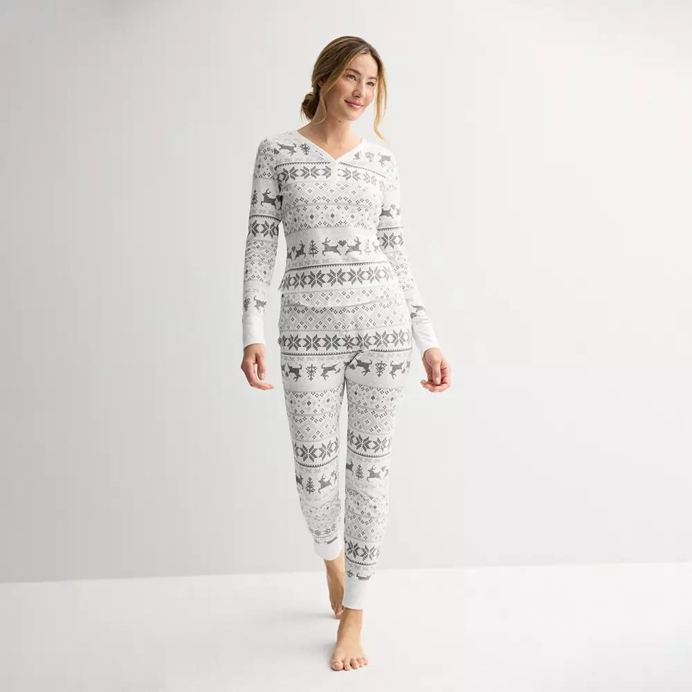Petite Sonoma Goods For Life® Thermal Pajamas, Women's, Size: Large Petite, White Fair Isle Product Image