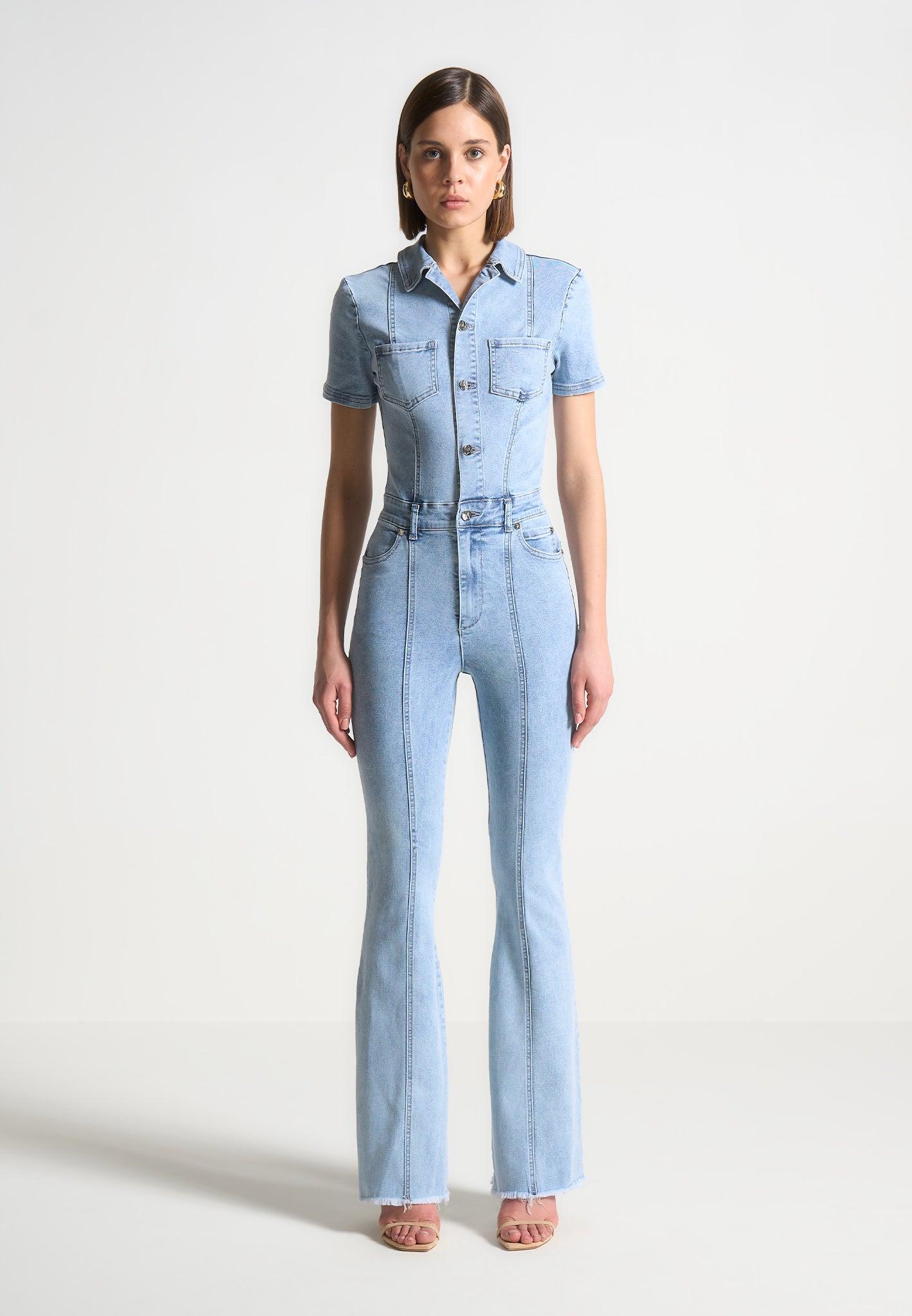 Violette - Mini Flared Denim Jumpsuit - Mid Blue Female Product Image