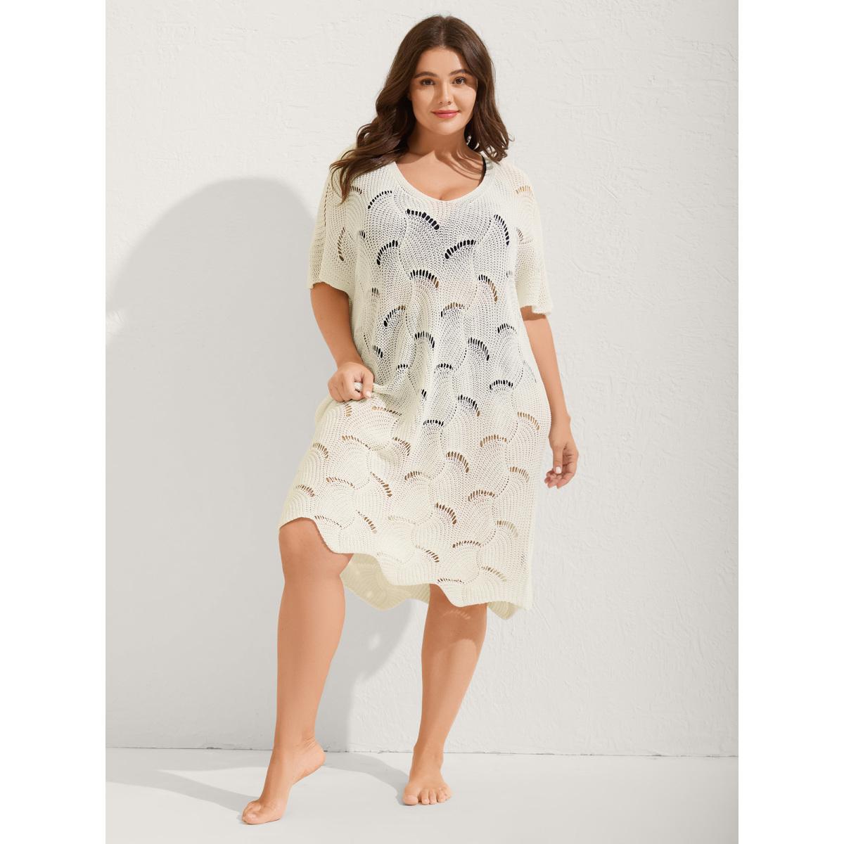 Plus Size Cut-Out Solid V-Neck Swimsuit Coverup Women's Swimwear Ivory Resort Loose Texture Curve Swim Cover Ups BloomChic 12/L Product Image