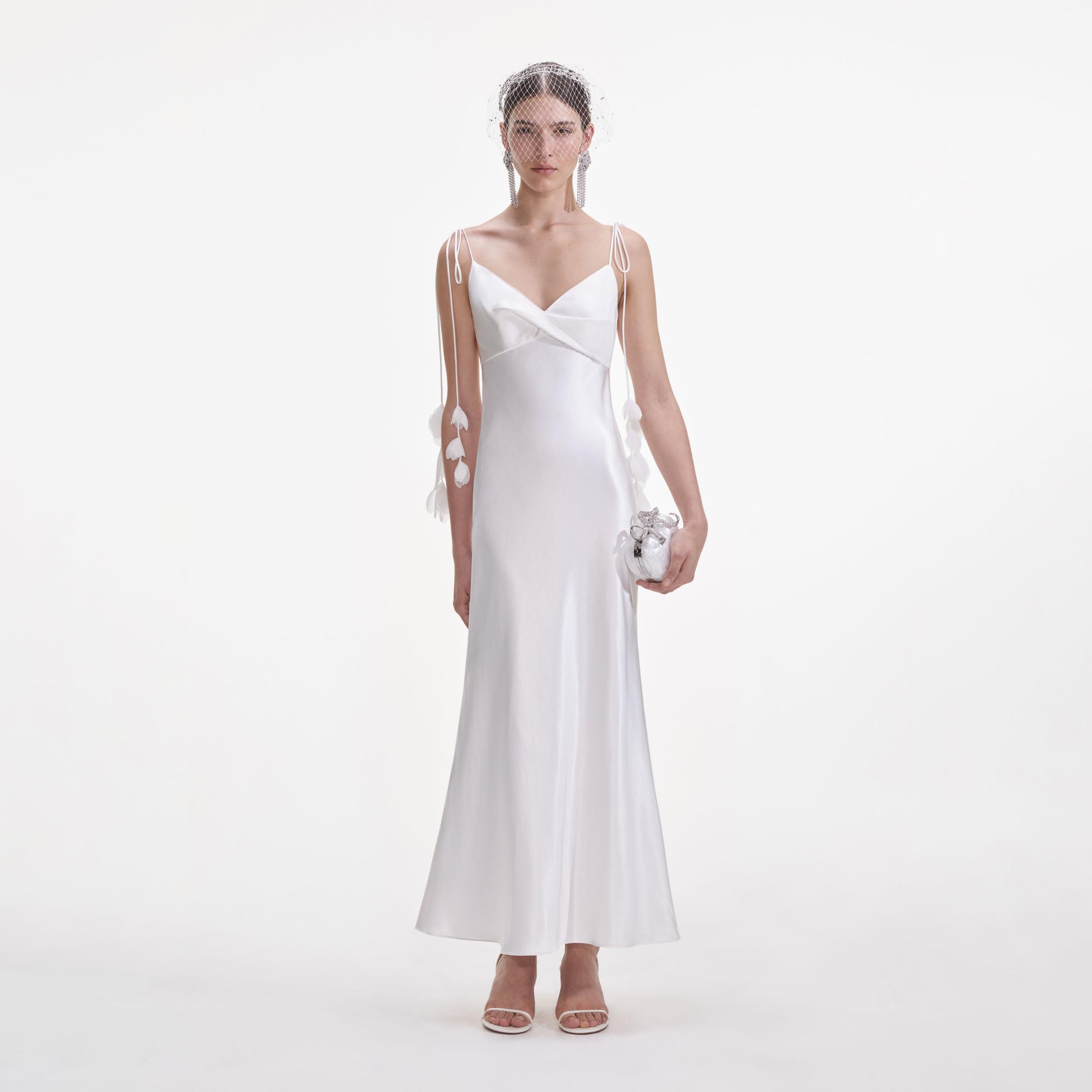 White Satin Flower Midi Dress Product Image