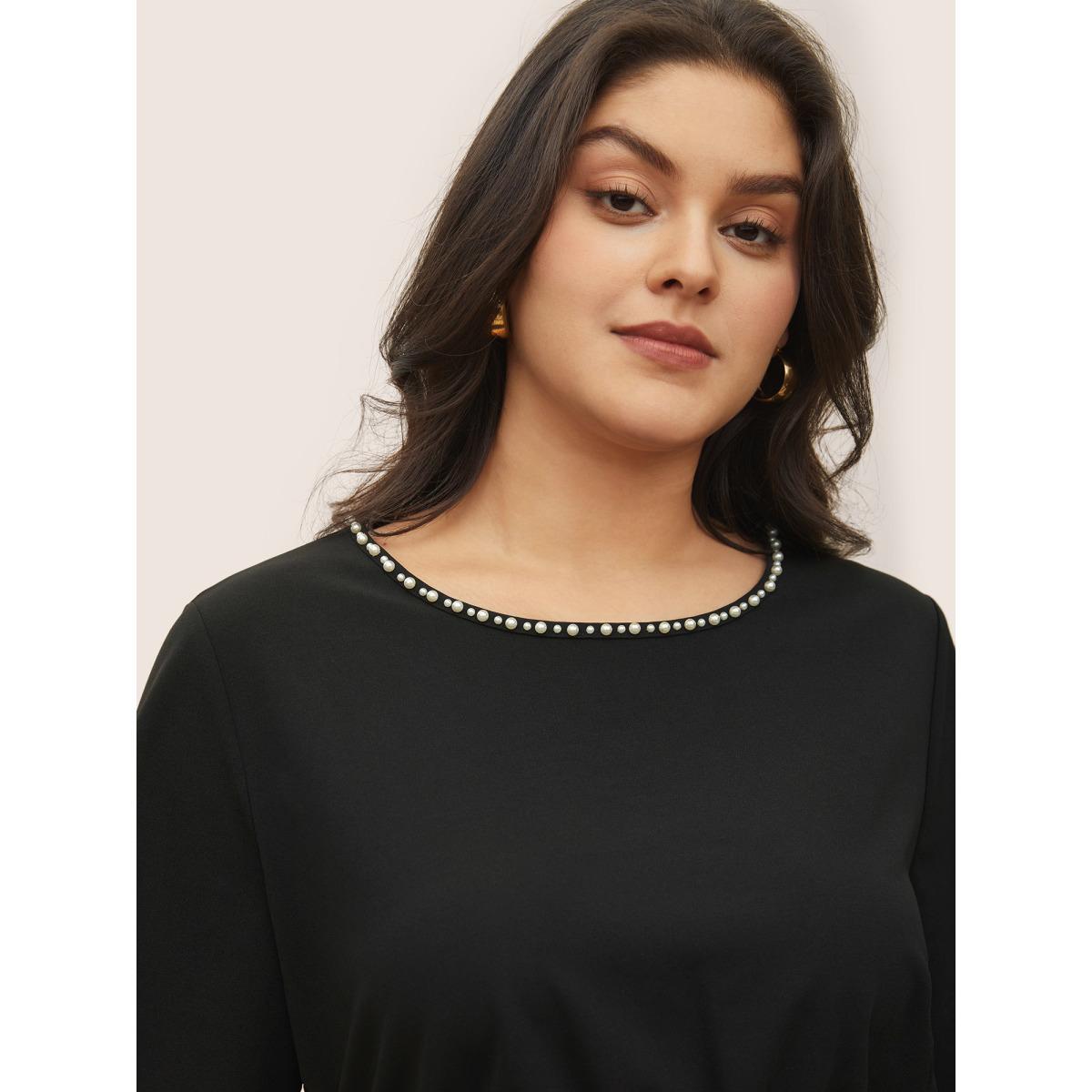 Plus Size Black Pearl Beaded Gathered Elastic Waist Blouse Women Elegant Short sleeve Round Neck Everyday Blouses BloomChic 14-16/1X Product Image