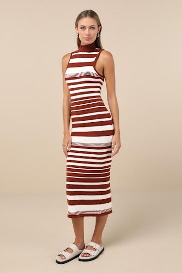 Easy-Going Excellence Ivory Striped Mock Neck Midi Sweater Dress Product Image
