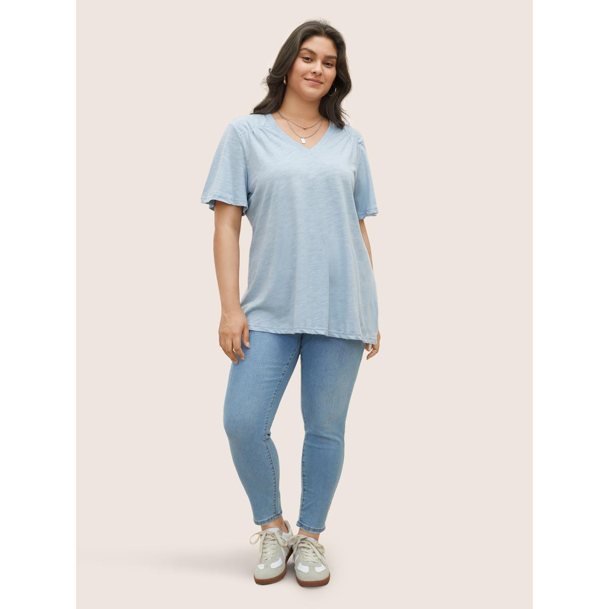 Plus Size Plain Ruffle Sleeve Heather V Neck T-shirt LightBlue Women Casual Plain V-neck Everyday T-shirts BloomChic 18-20/2X Product Image