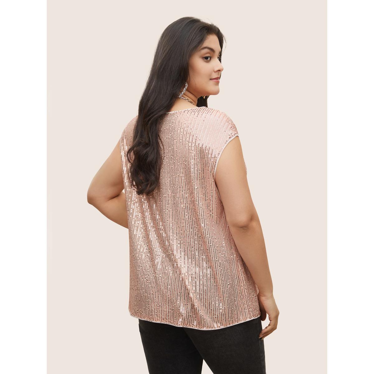Plus Size Champagne Solid Sequin Cowl Neck Sleeveless Blouse Women Cocktail Sleeveless Cowl Neck Party Blouses BloomChic 28/5X Product Image