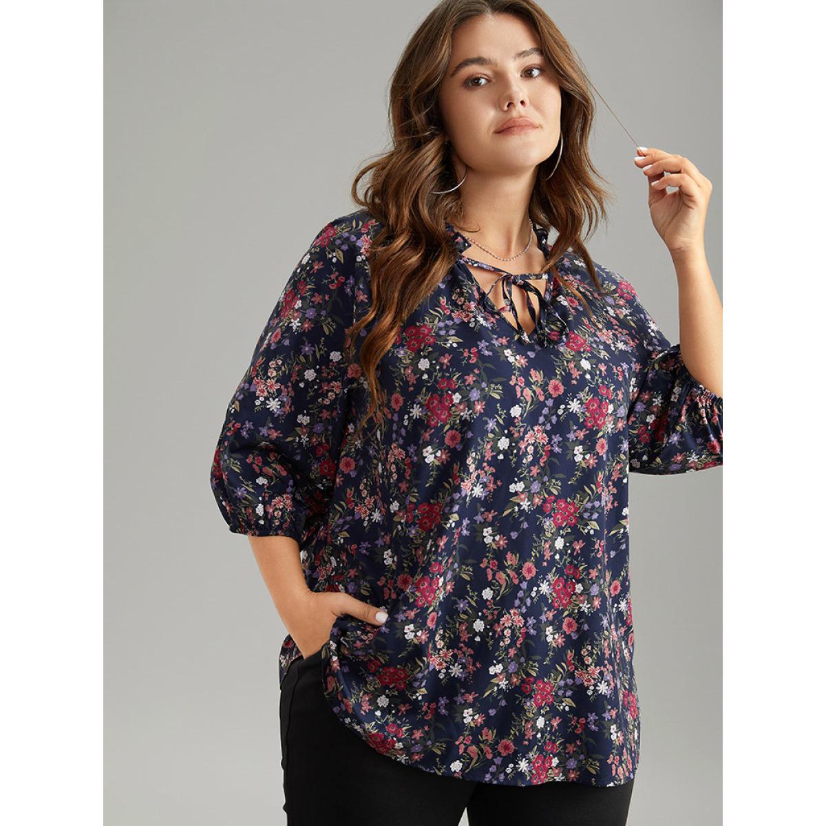 Plus Size Indigo Ditsy Floral Tie Neck Elastic Cuffs Blouse Women Elegant Elbow-length sleeve Tie Neck Dailywear Blouses BloomChic 30/6X Product Image