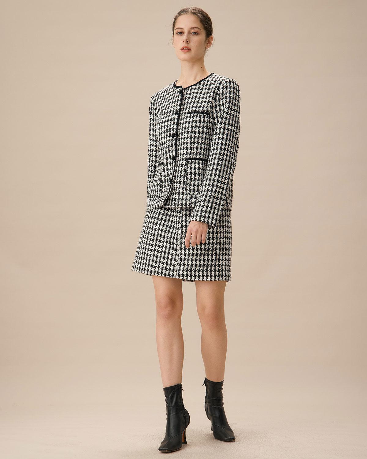 Black High-waisted Straight Tweed Skirt Product Image